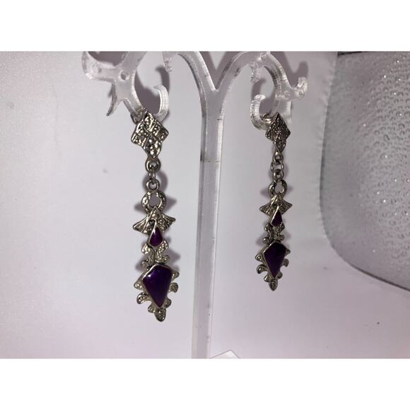 Purple Silver-Tone Art Nouveau Marcasite Drop 2.5" Earrings! - Picture 3 of 12